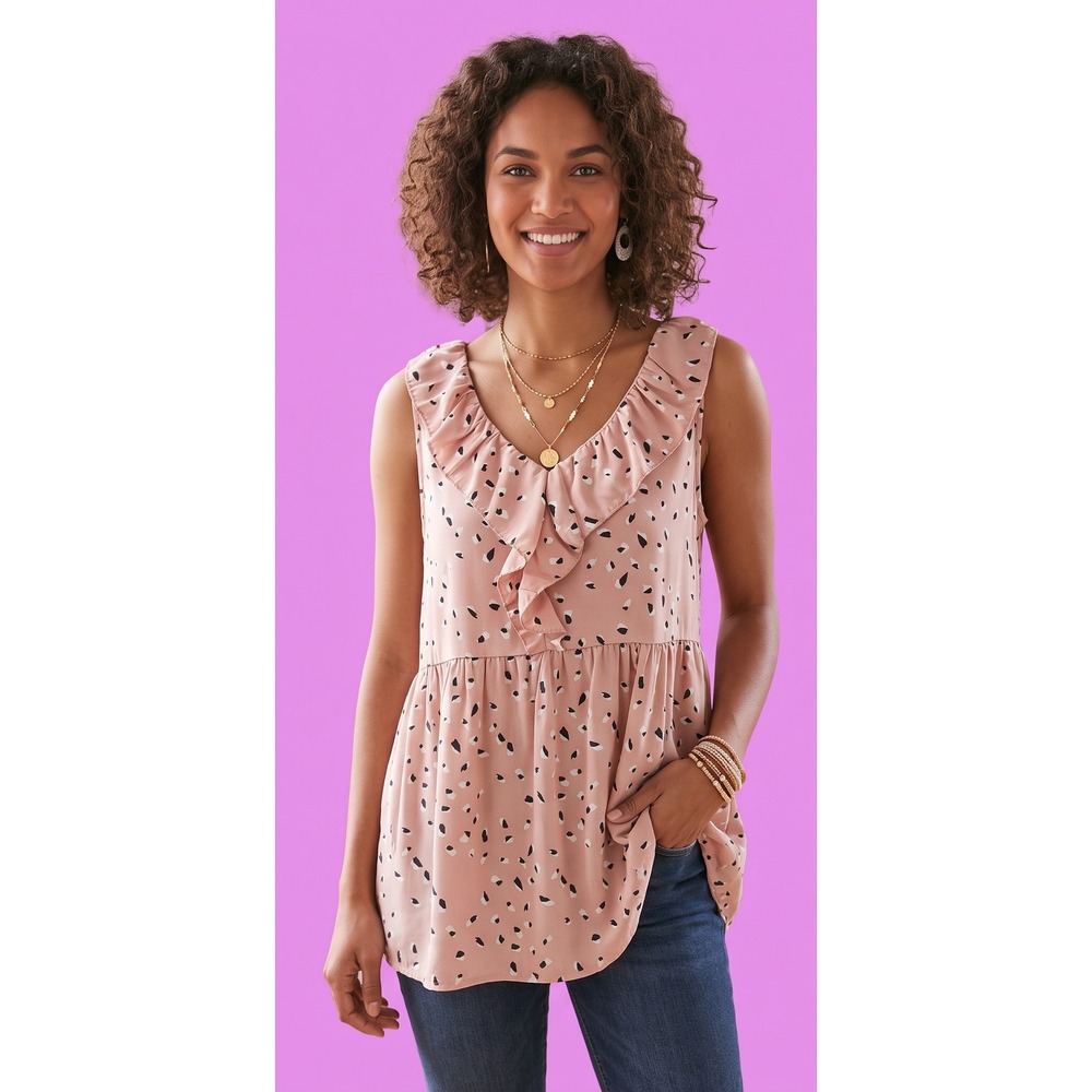 NEW Hailey & Co Pink Abstract Print Ruffle V Neck Open Back Peplum Tank Medium M
